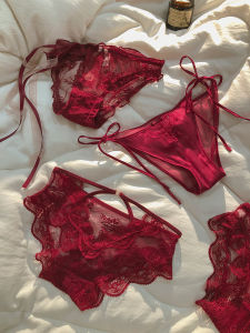 กางเกงชั้นในลูกไม้สีแดงสไตล์ฝรั่งเศสสำหรับผู้หญิง 2025 ใหม่ล่าสุด Pure Desire ชุดชั้นในเซ็กซี่ ผ้าไนลอน วัสดุกันแบคทีเรีย