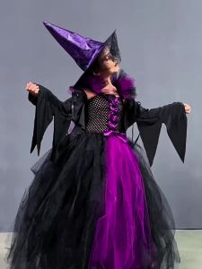 Girls Black Purple Witch Full Length Tutu Dress With Witch Hat Broom For Halloween Cosplay