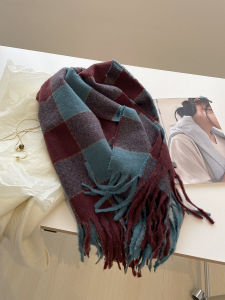 Blue Plaid Scarf Womens Korean Style Winter Warm Faux Cashmere Tassel Shawl Neck Warmer Atmosphere Feeling Accessories
