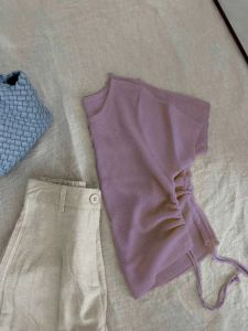 Summer Slim Fit Short Sleeve T-Shirt Womens Ice Silk Knitted Drawstring Premium Quality Short Length round Neck Top