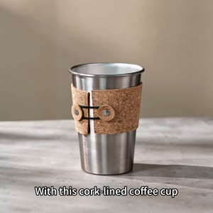 VOLKAFE Stainless Steel Cork Insulated Cup 500ml. Cork band with metal buttons. Suitable for hot and cold beverages. Ideal for travel or outdoor use.