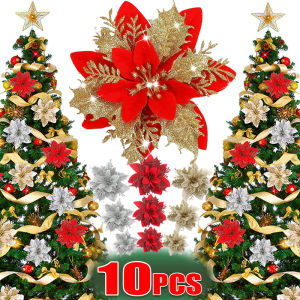 Christmas Glitter Artificial Flowers Floral Silk Flower with Clips for Xmas Tree Hanging Ornaments New Year Gift Home Decor