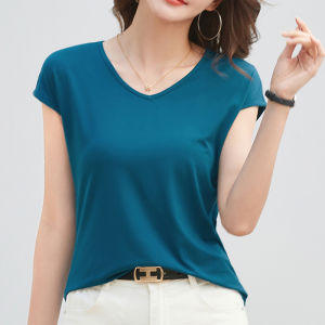 ผู้หญิงแขนสั้น เสื้อยืดคอวีเสื้อยืดสีเรียบ Modal ท็อปส์เสื้อยาว 27 วิ้าว ปิดถึงก้น