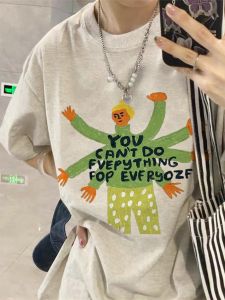 Summer Pure Cotton Grey Shoulder T-Shirt Womens Short Sleeve Half Sleeve Top Korean Style Loose Fit Creative Cartoon Print