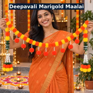 🪔150CM Deepavali Marigold Flower Garlands Indian Style Leaf Bell Combination Diwali Fiesta Home Wall Festival Decoration