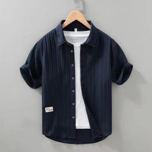 Summer New Casual Loose Ice Silk Shirt Jacket Mens Thin Breathable Striped Short Sleeve Shirt Youth Fashion Loose Fit Button up