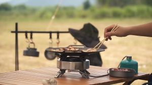 Outdoor Grill Pan Camping Cast Iron Large Round Diecast Nonstick Plate BBQ Picnic Cookware Frying Pot Cooking Wok Periuk BBQ Berkhemah