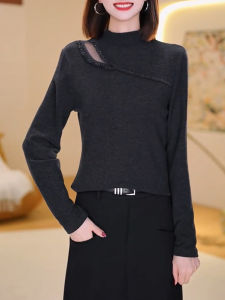 QINGNAER | Elegant Lace Hollow Out Slimming Tunic Top Long Sleeve For Plus Size Women Autumn Winter