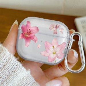 Pink Lily Flower Pattern Clear TPU Earphone Case for AirPods Pro/Pro3/Pro2 Protective Case for AirPods 4/3/2/1 Headphone Covers