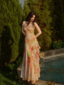 ชุดเดรสยาวสายเดี่ยวพิมพ์ลายเกาะกลางฤดูร้อน ReVe ทรงเอวสูง แขนกุด ผ้าฝ้ายผสมโพลีเอสเตอร์ ชุดเดรสยาวคลุมเข่า