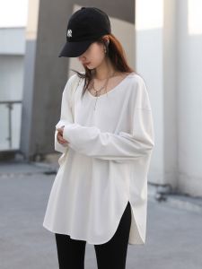 Retro Trend Long Sleeve U-Neck T-Shirt Mid-Length Open Split Base Shirt Flocking Autumn Collection Cotton Casual Top