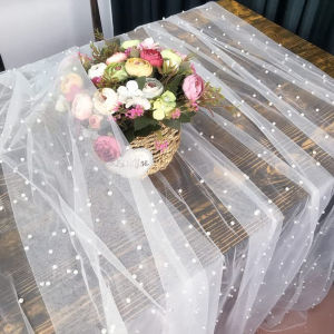 75x200CM Pearl Tulle Table RunnerWedding Lace TableclothChiffon Tulle Table Cover for Birthday Baby Shower Party Decor