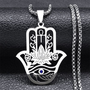 Hamsa Hand Ankh Lotus Necklace for Women Men Stainless Steel Silver Color Egypt Eye of Horus Necklaces Jewelry N8075S02
