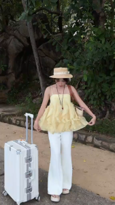 MK_Set đồ nữ đi biển du lịch set mặc hè áo chất Tơ bèo hai dây dáng babydoll dễ thương phối quần suông dài đáng yêu