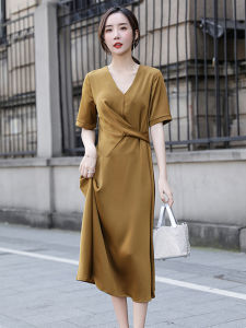 Elegant V-Neck Silk Satin Long Dress Womens A-Line Midi Dress Slimming Waist Design Summer New Arrival Luxury Fashion