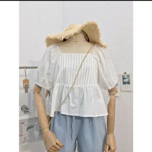 áo babydoll cổ vuông xếp li tay bồng tiểu thư ảnh thật