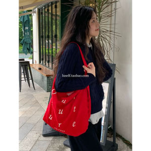 Letter Corduroy Retro Crossbody Shoulder Bag Student Class Large Capacity Bag Red Double-Sided Gingham Tote Bag
