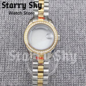 Starry Sky New 28mm Ladys Sapphire Glass Diamond Bezel Diving Watch Case With Watch Strap Fit For NH05 Movement Watch Accessory