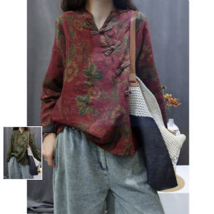 Autumnal Chinese Style Loose Fit Long Sleeve Shirt Womens Large Size Cotton Linen Blend Floral Print Button up V Neck Top