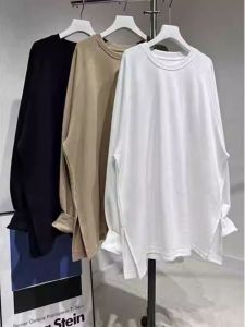 plus Size 300 Pounds Simple Solid Long Sleeve Womens T-shirt Autumn European Loose Mid-Length Base Shirt Slit Top