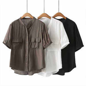 2024 Summer K-style New Casual Top 100.00kg Plus Size Ladies Double Pocket V Neck Crumpled Plus Size Ice Silk Shirt