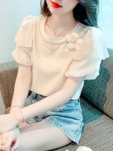 Summer Short Sleeve Chiffon T-Shirt Womens Fashion Age-Defying Bubble Sleeve Top Design Sensation Elegant Casual Wear
