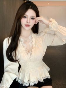 GUZILIAN | Áo thun dài tay cổ chữ V gợi cảm kiểu Pháp dành cho nữ áo thun polyester thường ngày mùa hè 2025 không có đệm ngực