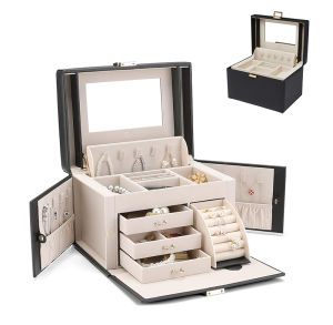 กล่องจัดระเบียบอัญมณีสำหรับผู้หญิงกล่องจัดเก็บเครื่องประดับหนังขนาดใหญ่พร้อมล็อคกระจก3ลิ้นชักสำหรับจัดเก็บนาฬิกาสร้อยคอรูปวงแหวนต่างหูของขวัญสำหรับหญิงสาวและแม่