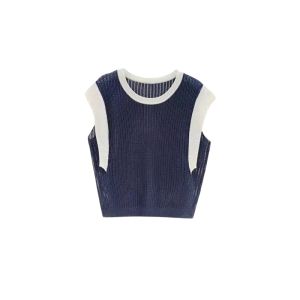 YUEZHONGWEI | Color Block Splicing Hollow Out Linen Knitted Top Women Summer Outdoor Thin Loose Sleeveless Vest Short Style Upperwear