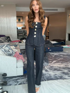 Women Vintage Denim Top Pant Set Square Collar Single Breasted Tank High Waist Jeans Female Sets 2025 Fashion Y2k  Denim Outfits