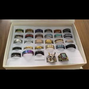 Wholesale 8MM Imitation of Peacock Stone Inlay Mens Stainless Steel Rings Silver Color Wedding Band Jewelry for Men Steel Ring