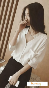 Áo sơ mi nữ voan cổ v dài tay gáy v dáng suông GLA042