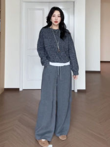 Quần Ống Rộng Cạp Chun Màu Xám Cỡ Lớn Cho Nữ Mùa Thu Quần Dài Ống Đứng Rộng Rãi Có Dây Rút