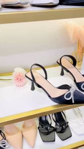 Giày sandal nữ HALEY STORE gót 7cm vip bít mũi nhọn quai đính nơ xoàn đá pha lê sang trọng tiểu thư công chúa đi tiệc