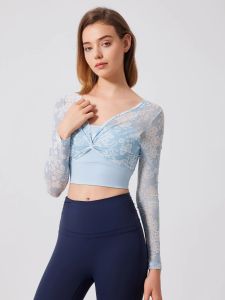 เสื้อโยคะแขนยาวผู้หญิง ด้านหน้าเป็นผ้าตาข่าย ด้านหลังเป็นลูกไม้ แห้งเร็ว ฟิตเนส เสื้อผ้ากีฬา ใหม่ กระโปรงทรงเอเอวสูง