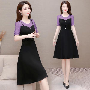 Fashionable V-Neck Splice Slimming Midi Dress Korean Style High Waist A-Line Skirt Short Sleeve Summer New Arrival Womens Dress