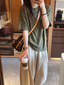 YUANYA | Womens Korean Style Round Neck Green Striped Relaxed Short Sleeve T-shirt