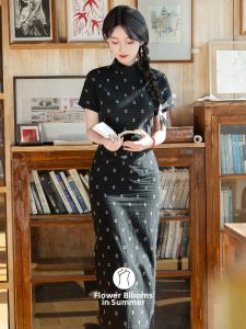 Vintage Slimming Dots Patterned Qipao Style Cotton Linen Dress