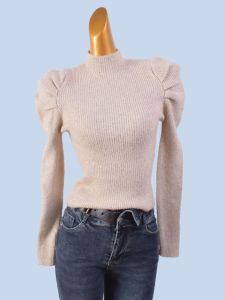 French Style Retro Fancy Puff Sleeves Half Turtleneck Knitting Base Shirt Sequin Gold Silk Elegant Silm Chic Tops