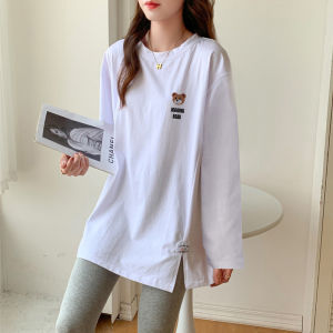 Pure Cotton Long Sleeves Bottoming Shirt Womens Spring and Autumn Mid-Length Split T-shirt Hip-Covering Sweatshirt Bandage Dress Loose Inner Wear Clothes