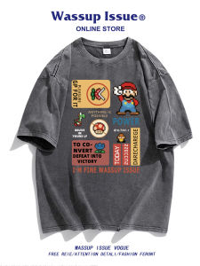 Wassup Issue Heavyweight Washed Short Sleeve Mens T-shirt Loose Fit Summer Casual Top Five Half Sleeve Cartoon Print Tee