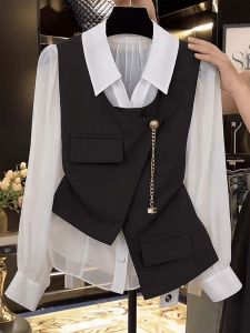 Fashionable Commuter Womens Shirt Chic Minimalist Style Long Sleeve High Waist A-Line Skirt Two-Piece Set Korean Version Linen Material