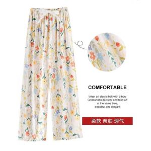 Loose Wide Leg Pants High Waist Cotton Rayon Fiber Printed Casual Trousers for Women plus Size Nine Points Home Wear