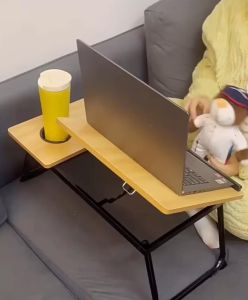 Computer Desk Adjustable Ergonomic Laptop Desk for Sofa Foldable Wooden Office Desk with Tray and Lifting Strap