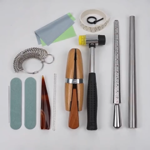 11Pcs/13Pcs Ring Sizer Tool Set for Jewelry Making Ring Mandrel Wood Ring Clamp Rubber Hammer Ring Sizer Gauge Polishing Cloth Buffing Bars & Agate Burnisher