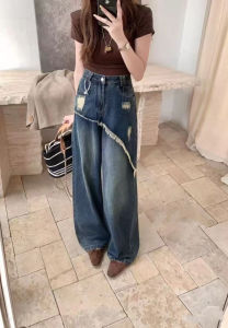 High Waist Fake Two-Piece Jeans Blue Denim Womens Autumn Fashion Design Sensation Drapey Slim Straight Leg Pants Wide Leg