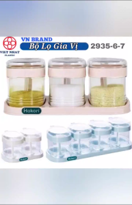 Bộ Hũ Lọ Đựng Gia Vị HOKORI Nhựa VIỆT NHẬT - Trong suốt nắp bật kèm Khay + muỗng - 2935/6/7