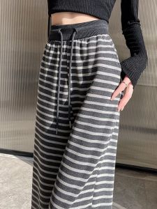 High Waist Wide Leg Pants Womens Loose Fit Comfortable Drawstring Elastic Waist Striped Casual Trousers Autumn New Style