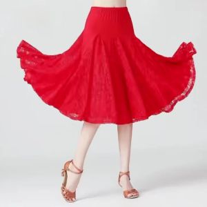 Women High Waist Floral Lace A-Line Dance Skirt Large Ruffle Mid Length Skirt Ballet Line Dance Performance Wear Dancewear
