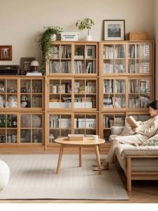 Pure Solid Wood Bookcase Xiao Qi Wooden Floor to Ceiling Sliding Door Wall Mounted Bookshelf Modern Simple Style Storage Cabinet